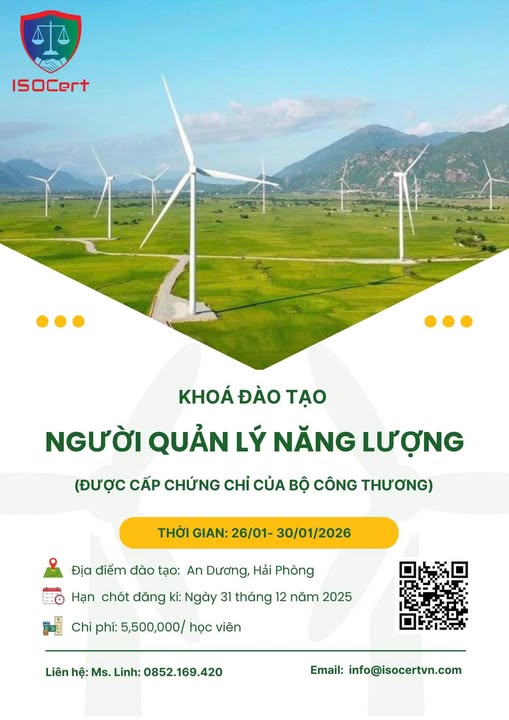 ISOCert tổ chức khóa đào tạo "Người quản lý Năng lượng" do Bộ Công Thương cấp chứng chỉ